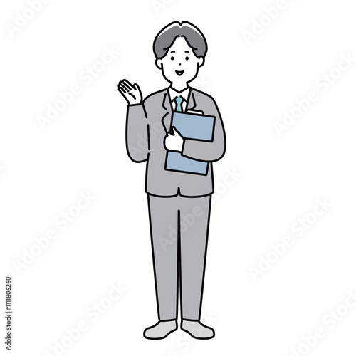 ファイルを持って案内をする男性のビジネスパーソンのイラスト素材 全身