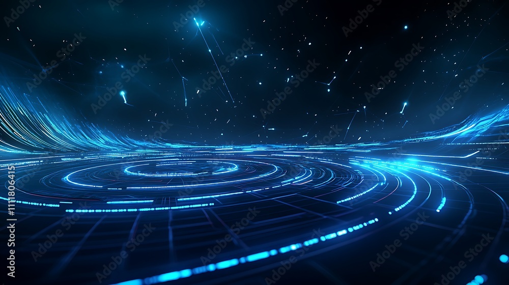 Fototapeta premium Abstract Blue Light Waves and Starry Sky in Futuristic Digital Universe Scene