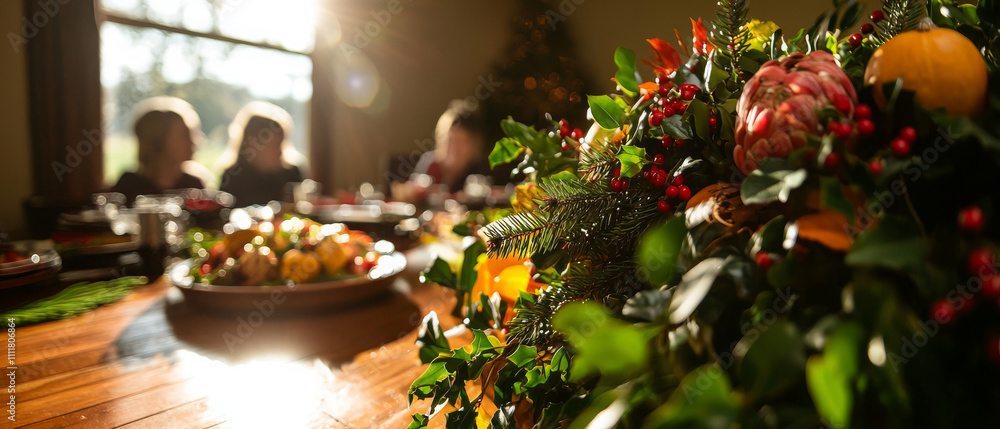 warm family gathering around festive table with decorations warm family gathering around festive table with decorations
