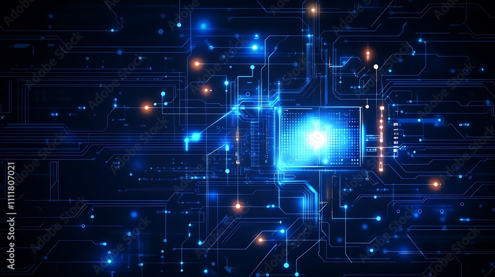 Abstract Blue Technological Circuit Board with Glowing Lights and Microchip for Digital Innovation Background Abstract Blue Technological Circuit Board with Glowing Lights and Microchip for Digital Innovation Background