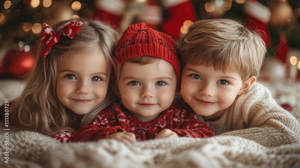 A joyful scene of siblings excitedly peeking at their new baby brother or sister, with Christmas decorations and stockings hanging in the background A joyful scene of siblings excitedly peeking at their new baby brother or sister, with Christmas decorations and stockings hanging in the background