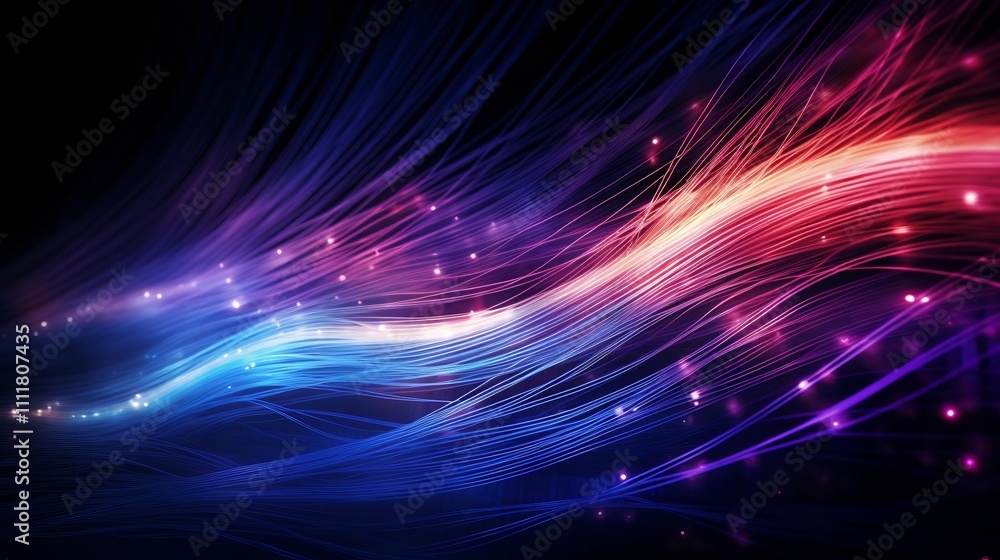 Glowing fiber optic strands creating a captivating abstract display in a dark futuristic environment The luminous iridescent fibers radiate a mesmerizing light Glowing fiber optic strands creating a captivating abstract display in a dark futuristic environment The luminous iridescent fibers radiate a mesmerizing light