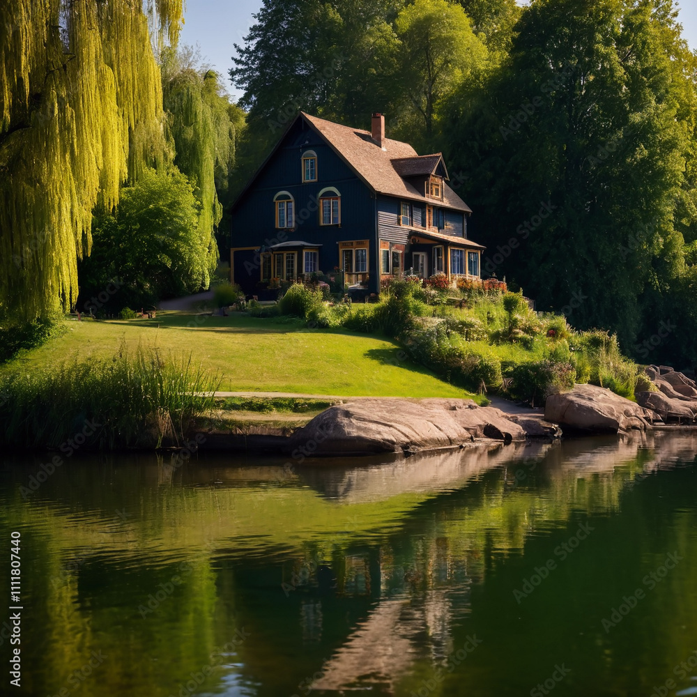 Obraz premium Seen - Das Ufer wird vom Haus umrahmt