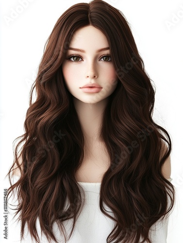 Natural looking brown hair on a white mannequin head. Medium wavy hair, isolated on a white background.