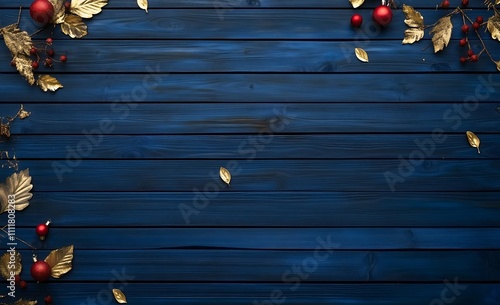 Christmas-themed blue wooden background with golde ndetails in a creative and artistic holiday-inspired scene. photo