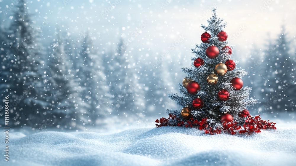 A minimalistic snowy landscape featuring a lone Christmas tree with red and gold ornaments, surrounded by falling snowflakes and a large blank area in the foreground for text A minimalistic snowy landscape featuring a lone Christmas tree with red and gold ornaments, surrounded by falling snowflakes and a large blank area in the foreground for text