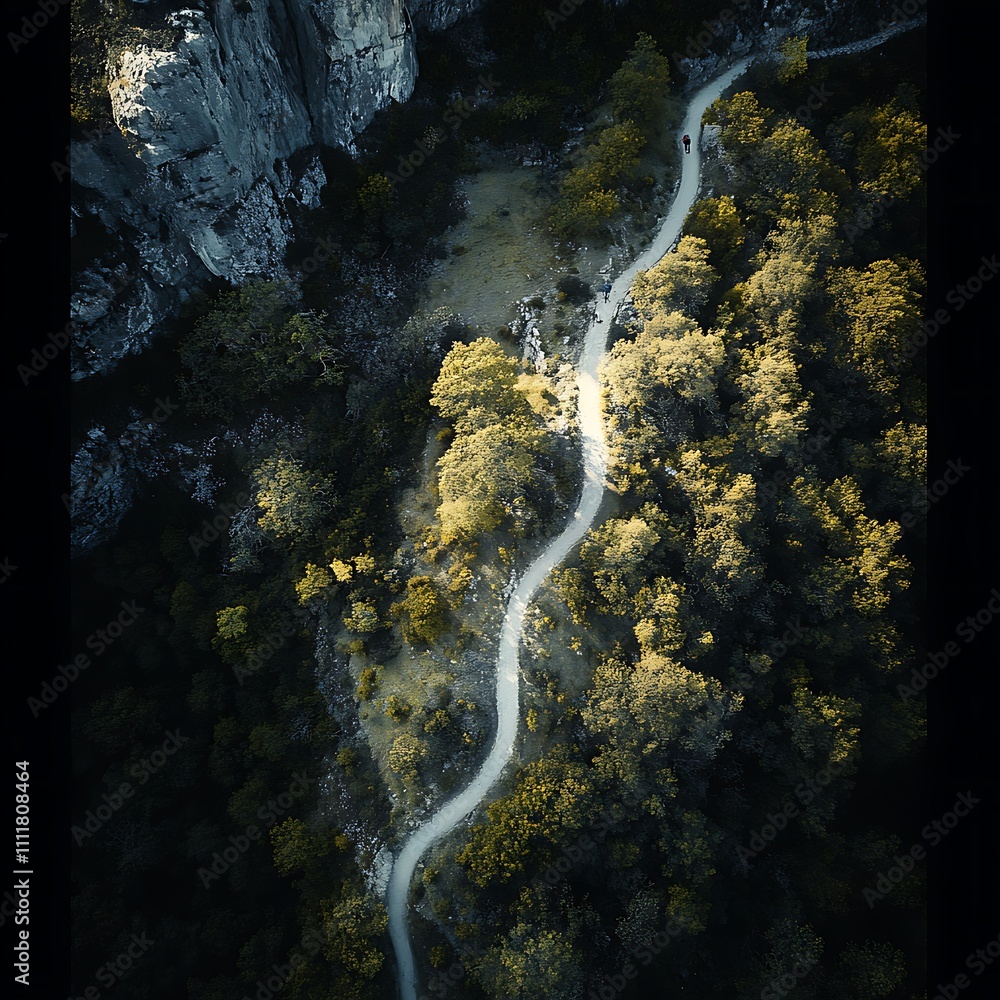 Scenic Aerial View of Winding Path through Dense Forest and Rocks Scenic Aerial View of Winding Path through Dense Forest and Rocks
