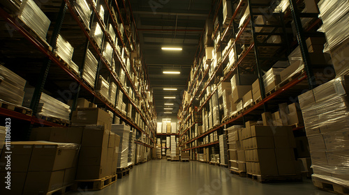 Vast warehouse interior, rows of high stacked pallets, cardboard boxes, logistics, storage, distribution center, industry.