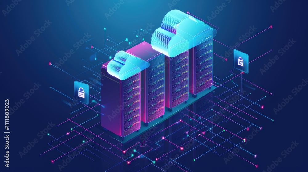 3D illustration of cloud storage and data servers with security elements. 3D illustration of cloud storage and data servers with security elements.