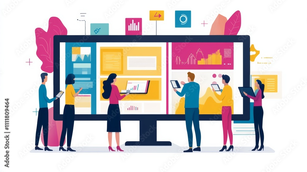 Brand awareness campaign setup, team reviewing digital ads with screens displaying colorful graphics Brand awareness campaign setup, team reviewing digital ads with screens displaying colorful graphics