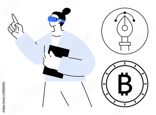 Individual wearing VR headset pointing with finger, holding a tablet. Symbols of cryptocurrency and design tool. Ideal for technology, virtual reality, cryptocurrency, finance, digital design