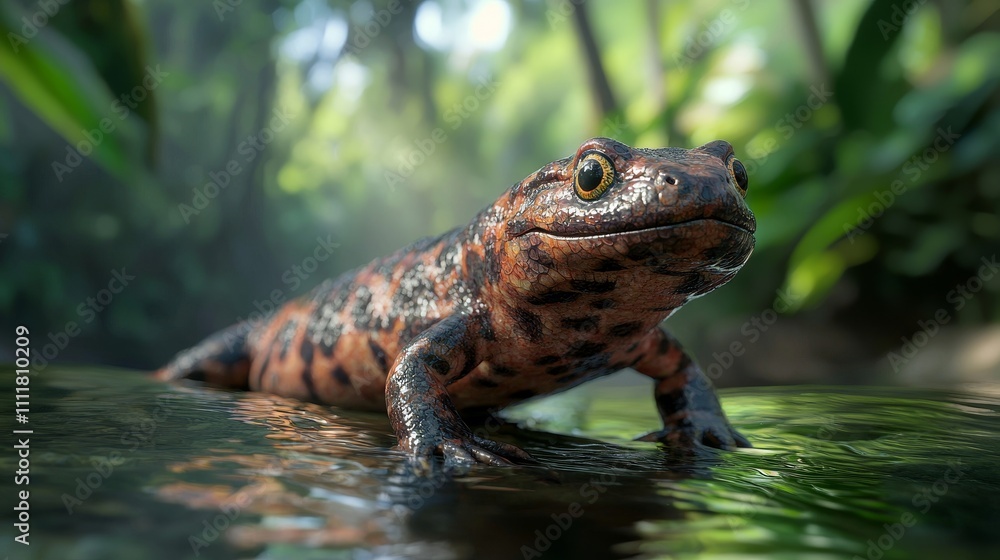 Fototapeta premium Close-Up Raining Salamander in a Lush Tropical Forest Environment with Green Foliage and a Serene Stream Background