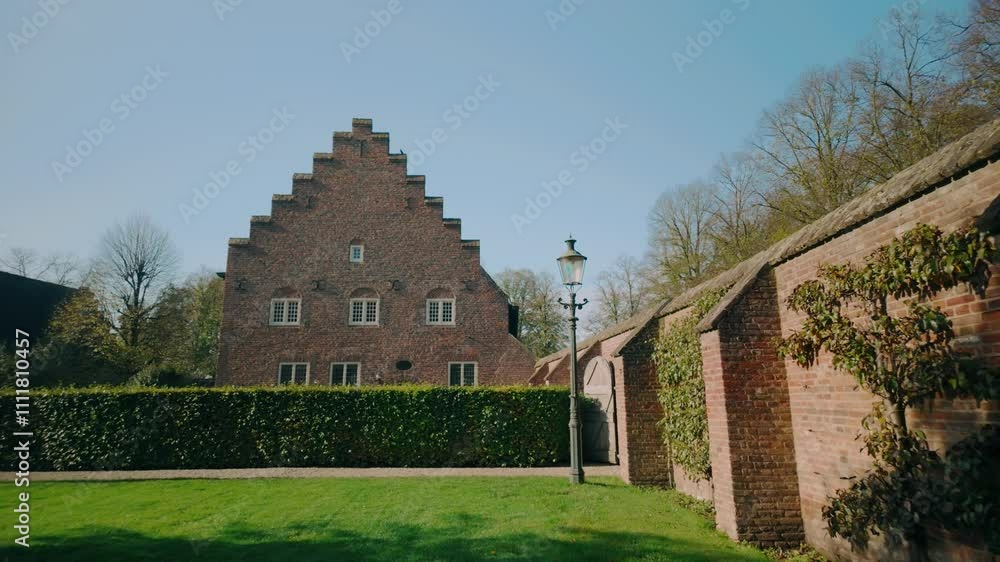 Charming view of a gable-fronted brick building within the grounds of Doorwerth Castle. Surrounded by neatly trimmed hedges and a bright green lawn, this historic site is bathed in natural sunlight. Charming view of a gable-fronted brick building within the grounds of Doorwerth Castle. Surrounded by neatly trimmed hedges and a bright green lawn, this historic site is bathed in natural sunlight.