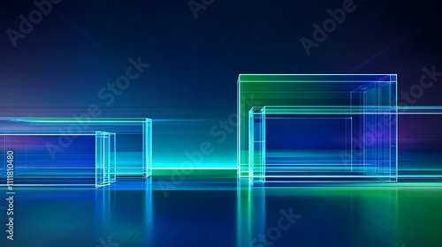 Abstract digital cubes glowing in vibrant blue and green hues with a smooth reflective surface and futuristic vibe