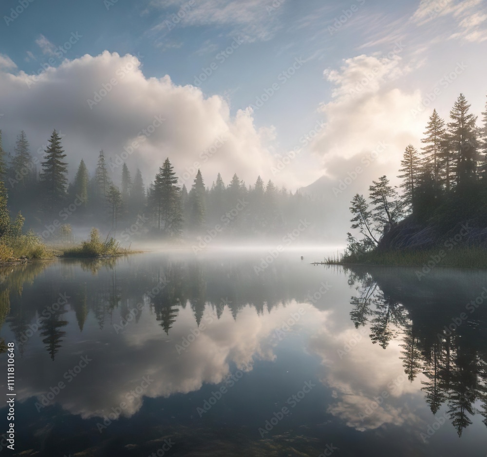 Morning fog rolls in over a still lake with cloud reflections , fog, misty Morning fog rolls in over a still lake with cloud reflections , fog, misty
