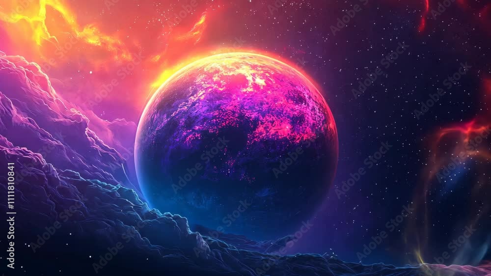 Vibrant Cosmic Landscape with a Glowing Planet Surrounded by Colorful Nebulae and Stars Vibrant Cosmic Landscape with a Glowing Planet Surrounded by Colorful Nebulae and Stars