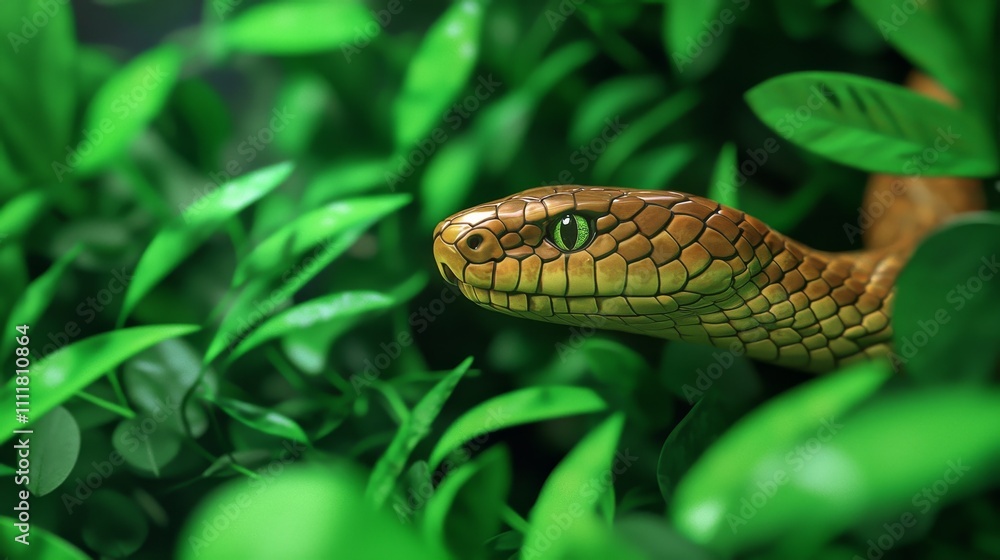 Naklejka premium Close-Up of a Serpent Among Lush Green Foliage in a Natural Habitat Setting with Intricate Scales and Expressions