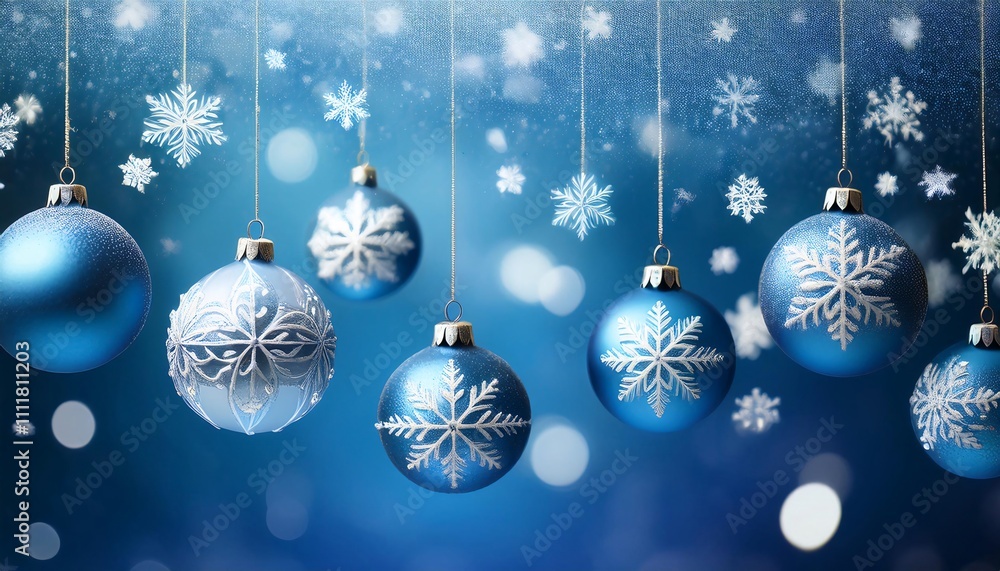 Elegant Blue Christmas Ornaments With Snowflakes On Snowy Background Elegant Blue Christmas Ornaments With Snowflakes On Snowy Background