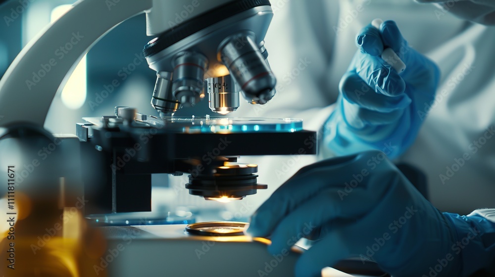 Close-up of microbiologist examining petri dish with salmonella bacteria under microscope, scientific investigation of outbreak, copy space for text or design. Close-up of microbiologist examining petri dish with salmonella bacteria under microscope, scientific investigation of outbreak, copy space for text or design.
