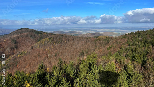 Autumn in the mountains, autumn mountains from above. Drone view. photo