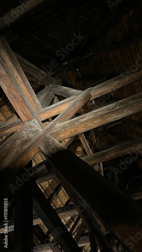 Wooden ceiling beams in Medieval knight's castle, Siedlicin tower in Poland, Silesia. photo