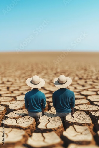 Farmers standing in a droughtaffected field, visualizing the environmental impact of climate change on agriculture photo