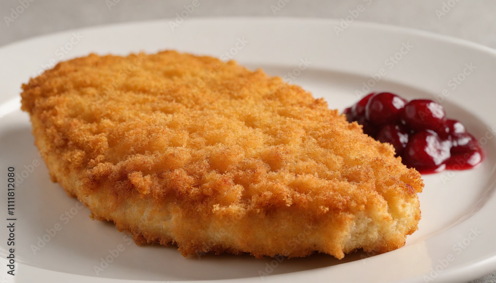 Crispy Wiener schnitzel in photorealistic style in golden hues with cranberry sauce for festive meals Crispy Wiener schnitzel in photorealistic style in golden hues with cranberry sauce for festive meals
