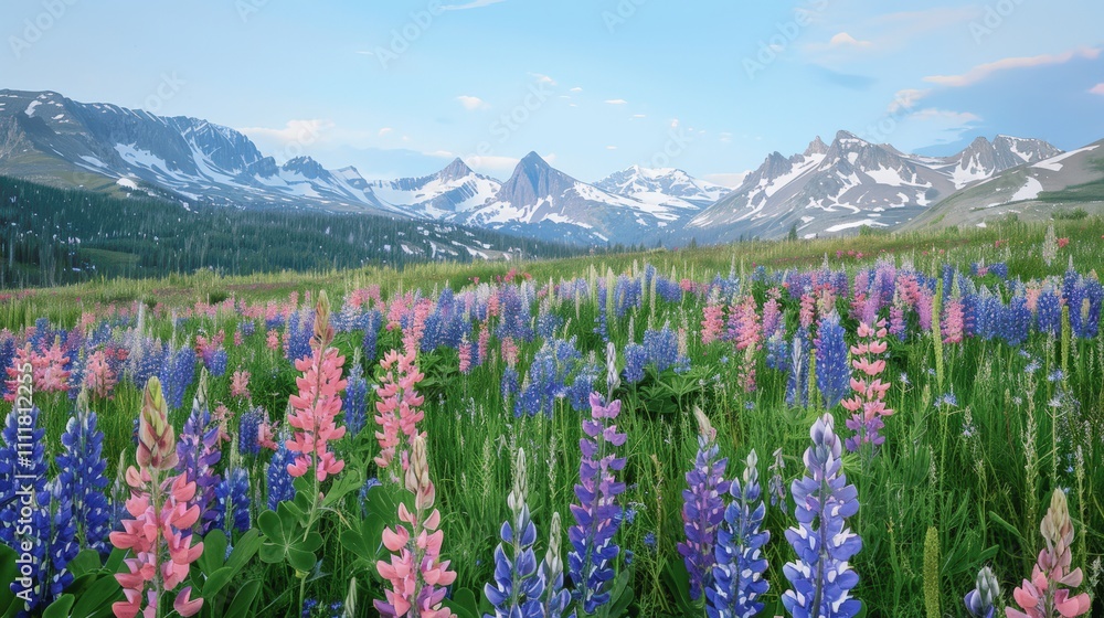 Obraz premium Vibrant Wildflowers in Mountain Landscape Under Clear Blue Sky