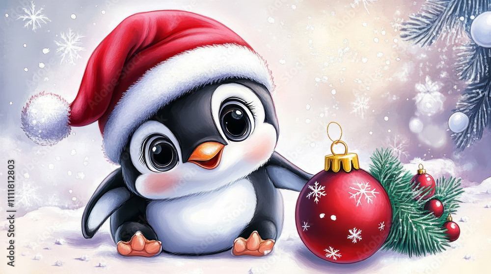 Cute baby penguin wearing a red hat and holding a Christmas ornament Cute baby penguin wearing a red hat and holding a Christmas ornament