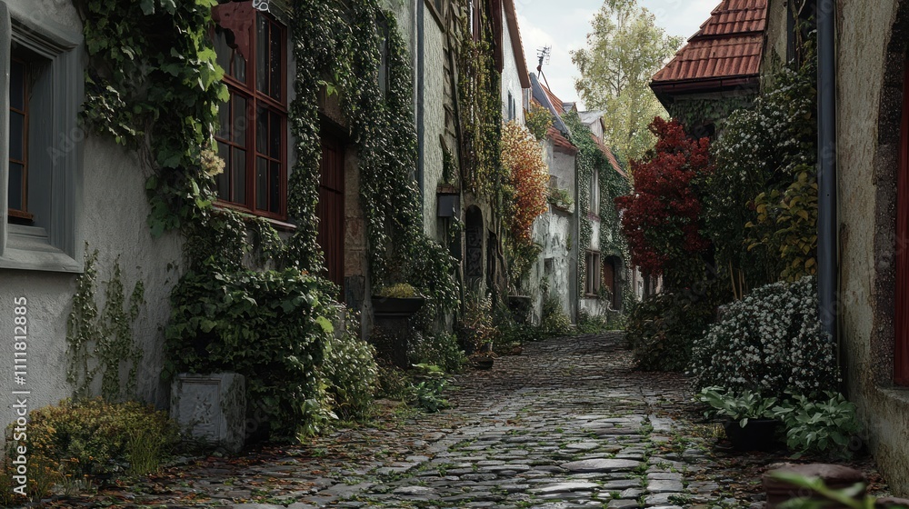 Lonely street in an old European town, stones and walls covered in plants and uninhabited. Lonely street in an old European town, stones and walls covered in plants and uninhabited.