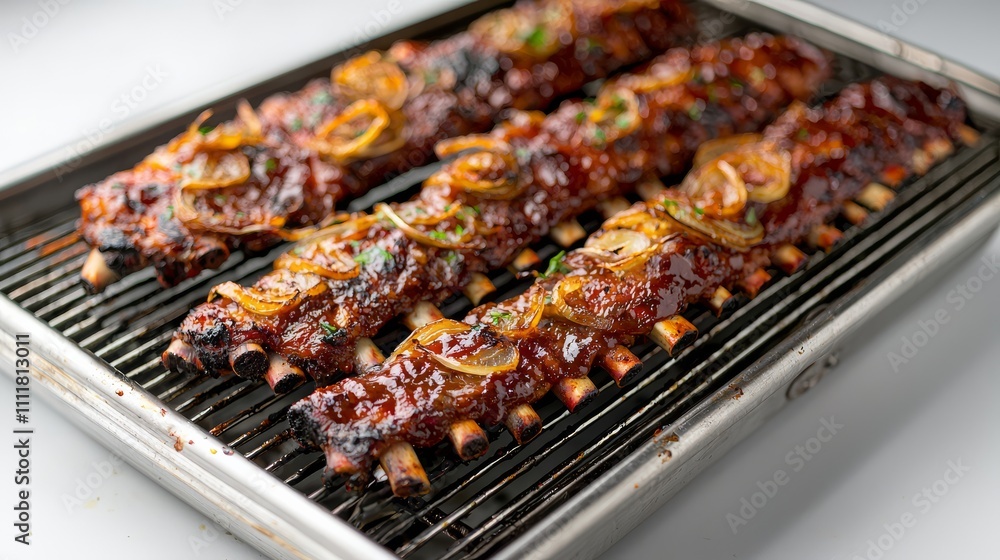 A delicious platter of grilled ribs coated in a savory sauce, garnished with fresh herbs and citrus slices, ready to be enjoyed. A delicious platter of grilled ribs coated in a savory sauce, garnished with fresh herbs and citrus slices, ready to be enjoyed.