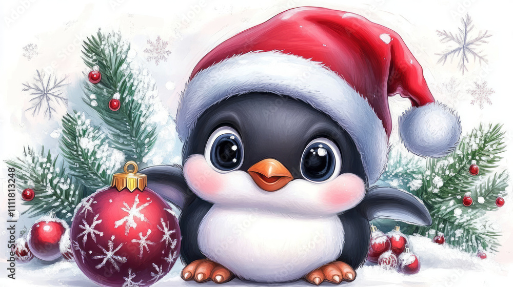 Cute baby penguin wearing a red hat and holding a Christmas ornament Cute baby penguin wearing a red hat and holding a Christmas ornament