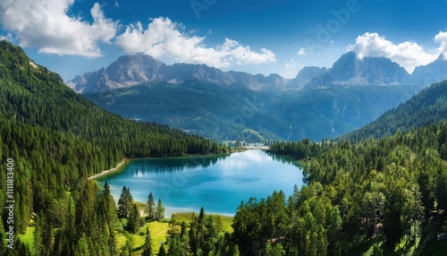 Tranquil lake awakens, water smooth as silk, reflecting pine forests and distant mountain peaks at dawn.