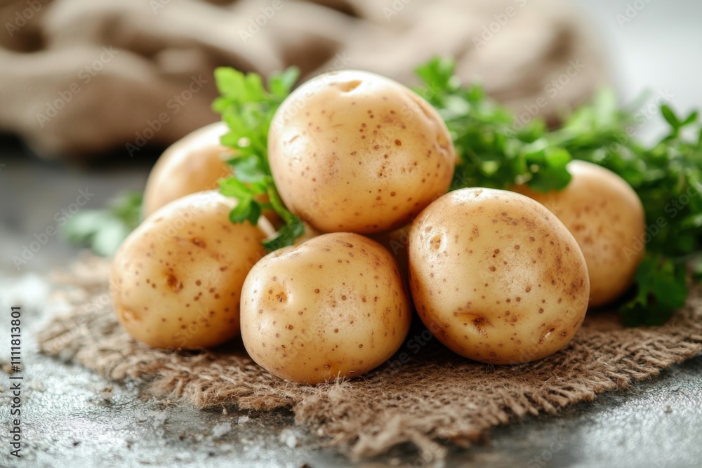 Fresh unpeeled potatoes on a rustic burlap cloth, organic vegetables with parsley garnish, earthy texture, farm-fresh produce, natural food photography, countryside vibes Fresh unpeeled potatoes on a rustic burlap cloth, organic vegetables with parsley garnish, earthy texture, farm-fresh produce, natural food photography, countryside vibes
