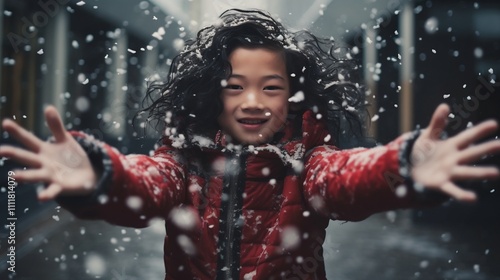 Adorable Asian child model in Santa costume surrounded by falling snow creating a cozy and joyful winter scene  The child s hands are unseen adding to the mystique of the image