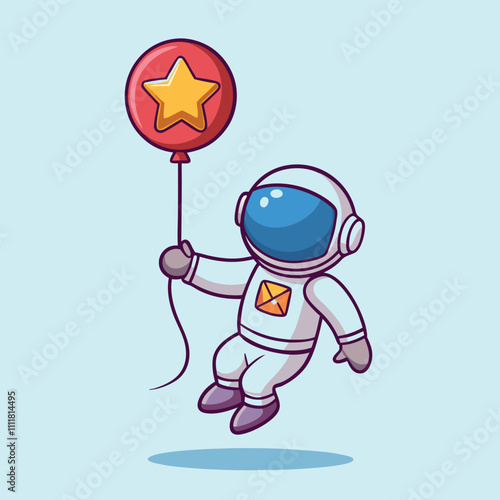 Cute Astronaut Floating with Star Balloon Vector Illustration. Cartoon Type