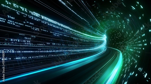 Abstract Digital Tunnel with Futuristic Light Trails and Binary Code in Motion