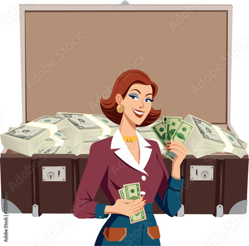 Businesswoman holding cash with open suitcase full of money