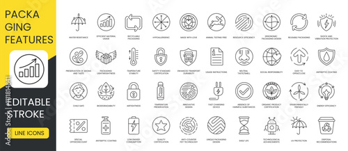 Set of vector linear icons with editable stroke of packaging properties, Shelf life and environmentally friendly, airtightness and UV protection, water resistance and quality certification, shock