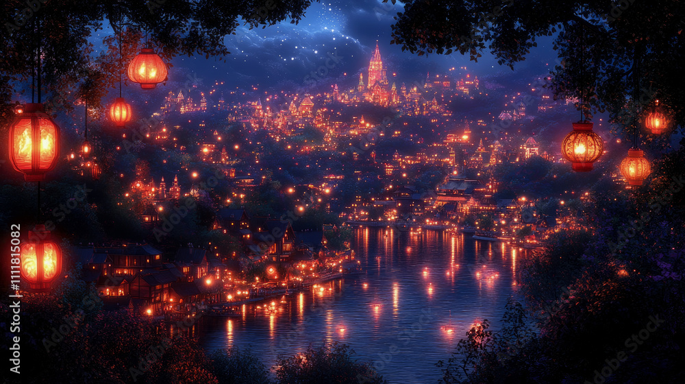 Softly glowing lanterns hang above a river, reflecting the warm lights of the city at dusk, creating a peaceful and enchanting nighttime setting Softly glowing lanterns hang above a river, reflecting the warm lights of the city at dusk, creating a peaceful and enchanting nighttime setting