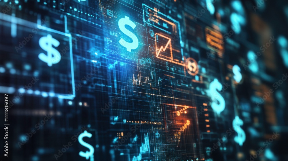 Abstract financial technology background featuring glowing dollar signs, data graphs, and digital patterns representing economic growth and investment trends in a modern context. Abstract financial technology background featuring glowing dollar signs, data graphs, and digital patterns representing economic growth and investment trends in a modern context.