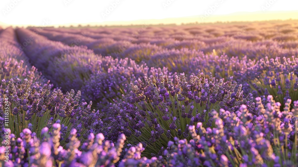 Obraz premium Vibrant Lavender Field Under Sunset Glow with Soft Focus Effect