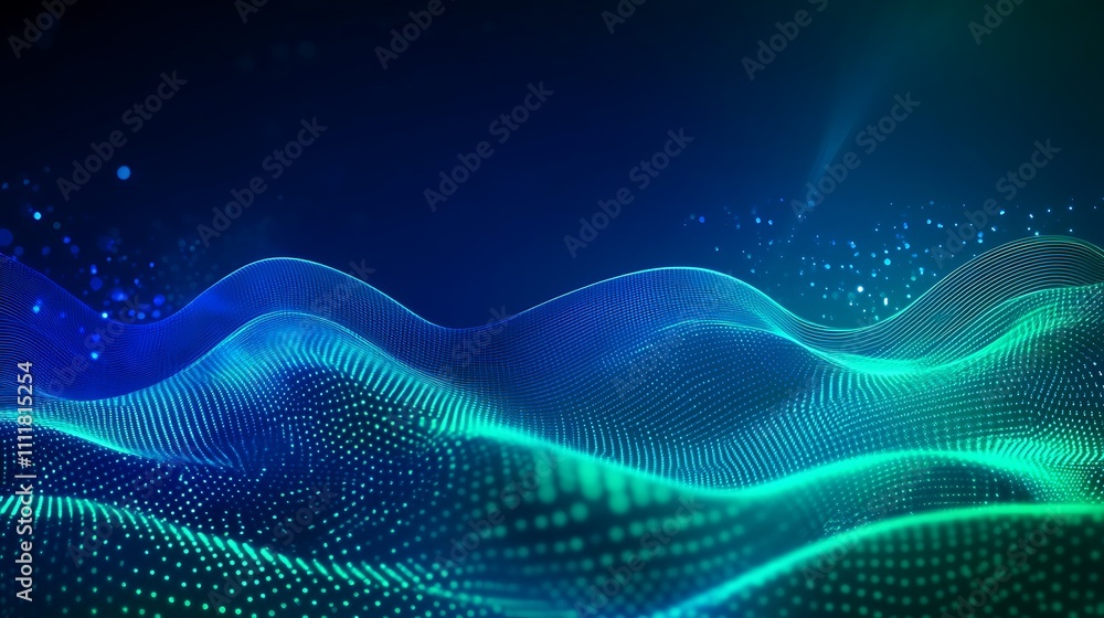 Abstract Digital Wave Pattern with Light Particles and Glowing Effect in Blue and Green Tones Abstract Digital Wave Pattern with Light Particles and Glowing Effect in Blue and Green Tones