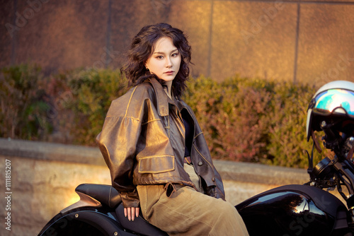 Oriental beauty taking photos on a retro motorcycle at sunset