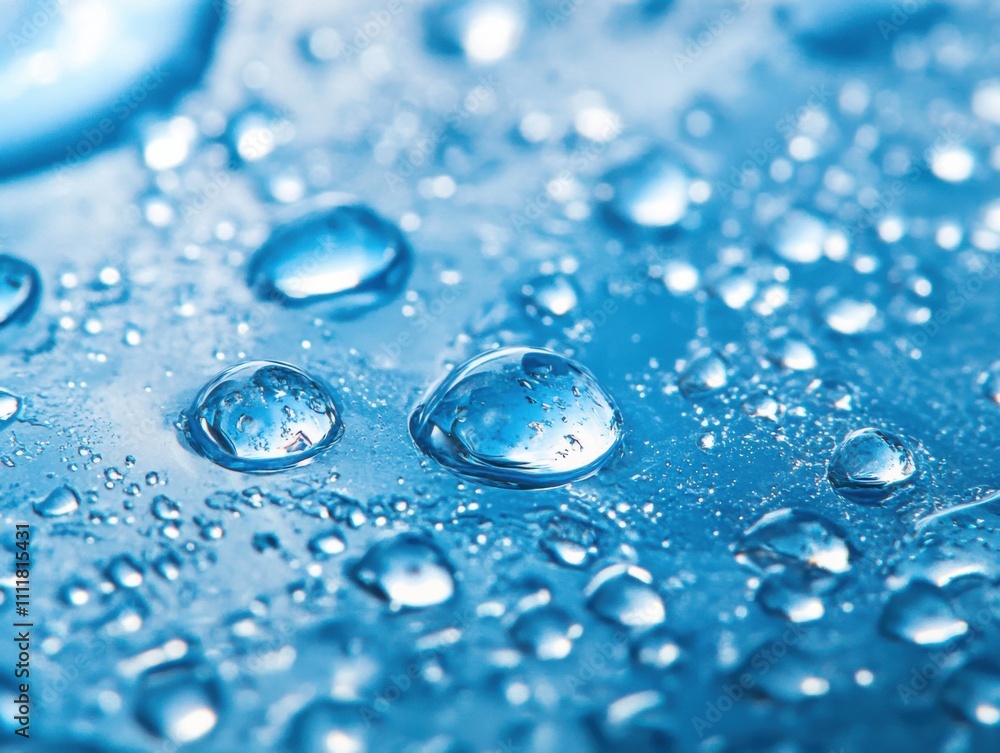 Close-up of water droplets on blue reflective surface, macro photography, refreshing liquid texture, natural hydration, purity concept, clean and fresh water background Close-up of water droplets on blue reflective surface, macro photography, refreshing liquid texture, natural hydration, purity concept, clean and fresh water background