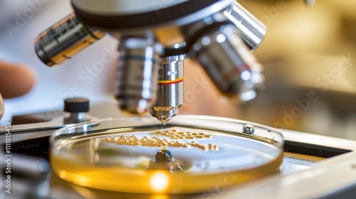 Close-up of microbiologist examining petri dish with salmonella bacteria under microscope, scientific investigation of outbreak, copy space for text or design. photo