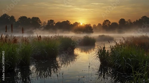 Nature Animation. Quiet dawn with mist covering reed grass, creating a tranquil and peaceful atmosphere in the morning light. Gentle motion. photo