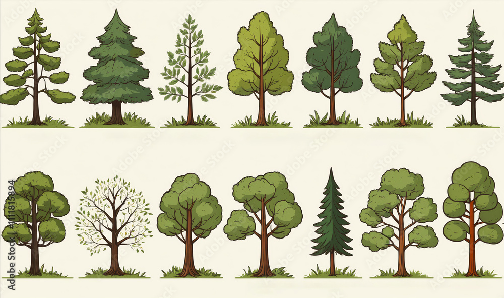 Fototapeta premium Diverse tree illustrations, hand-drawn style