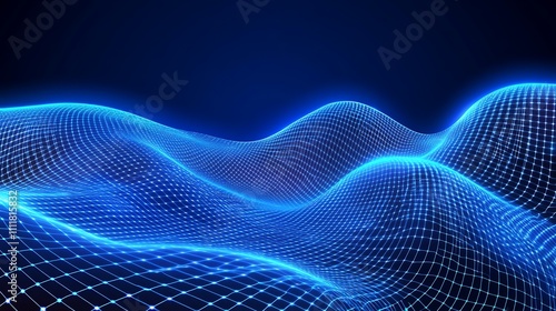 Abstract Digital Waves in Blue Light Mesh Creating a Stunning Futuristic Background for Technology and Design