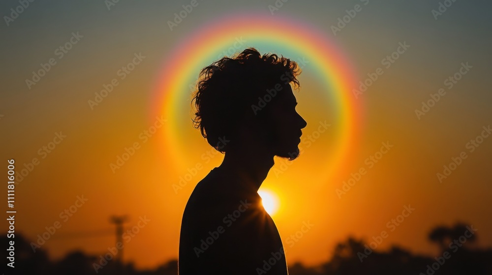 A serene silhouette of a person stands against a backdrop of colorful clouds, illuminated by a radiant halo created by the setting sun's light. A serene silhouette of a person stands against a backdrop of colorful clouds, illuminated by a radiant halo created by the setting sun's light.